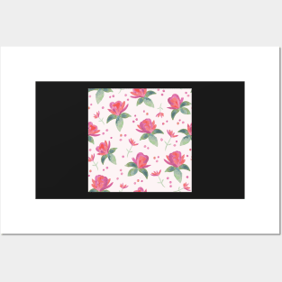 Pink Watercolor Roses with Soft green foliage and dotty background Posters and Art